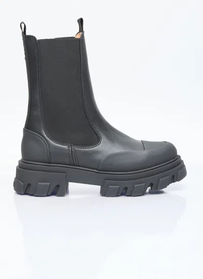 Ganni Cleated Mid Chelsea Ankle Boots In Black