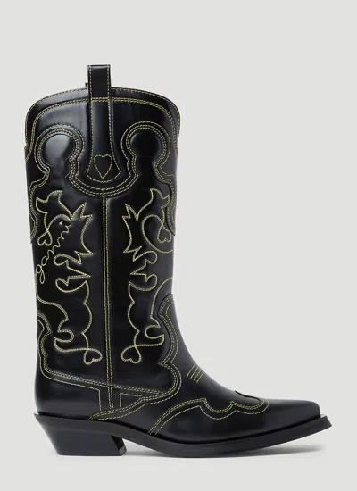 Ganni Embroidered Western Boots In Black