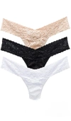 Hanky Panky Signature Set Of Three Low-rise Stretch-lace Thongs In Black  White & Chai