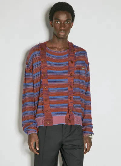 Vivienne Westwood Men Stripe Broken Stitch Knit Cardigan In Burgundy