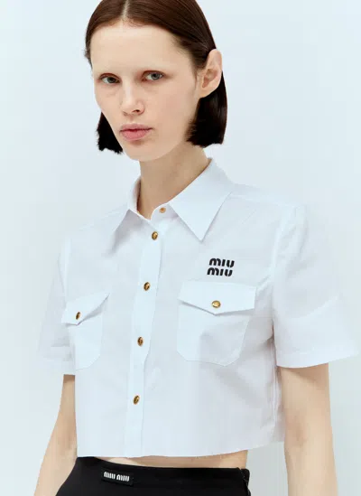 Miu Miu Logo Poplin Cropped Button Down Shirt In White