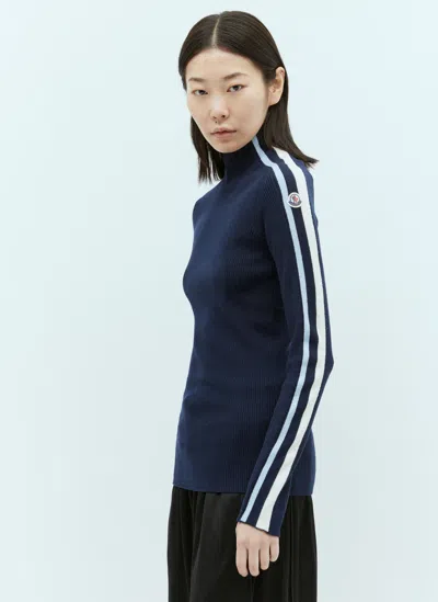 Moncler Side-stripe Ribbed Wool High-neck Sweater In Navy