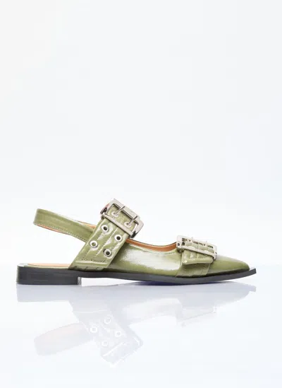 Ganni Buckled-strap Slingback Ballerina Shoes In Green
