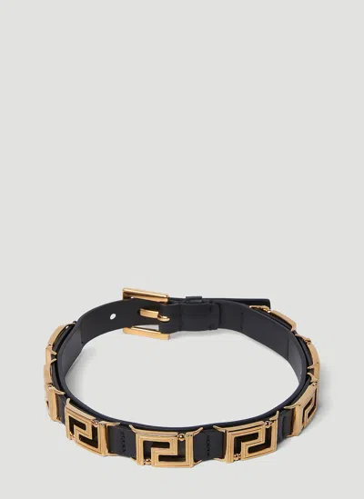 Versace Greca Metal Leather Choker Necklace In Black