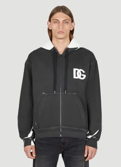 Dolce & Gabbana Distressed Logo Print Hooded Zip-up Sweatshirt In Black