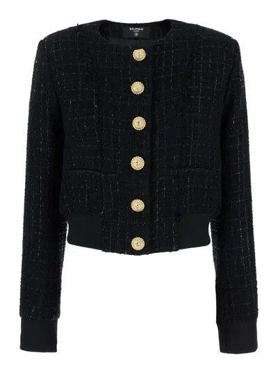 Balmain Buttoned Tweed Blouson In Black