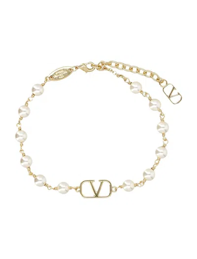 Valentino Garavani Gold Bracelet Vlogo Signature In Oro 18/cream Rose Light Pearl