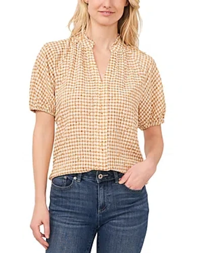 Cece Floral Embroidery Gingham Top In Light Sand