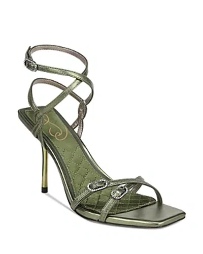 Sam Edelman Women's Trevin Crystal Buckle High Heel Sandals In Metallic Olive