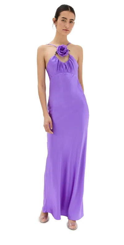 Rodarte Floral-appliquéd Ruched Silk-satin Maxi Dress In Purple