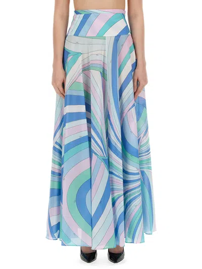 Pucci Iride Print Long Skirt In Baby Blue