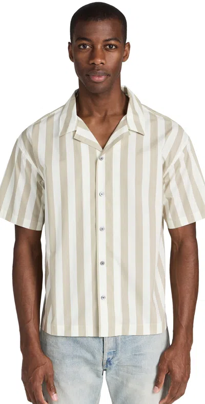 Frame Printed Button Front Short Sleeve Camp Shirt In Smoke Beige Stripe
