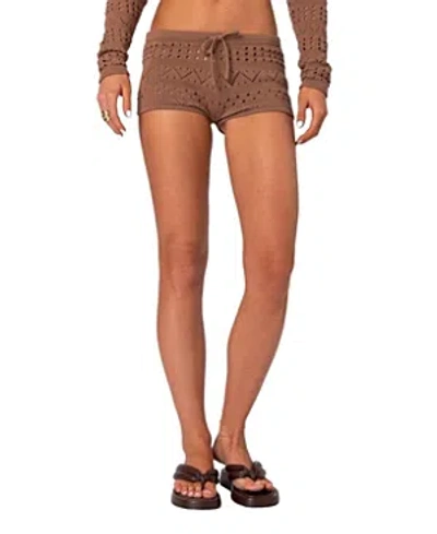 Edikted Betsy Open Stitch Tie Front Sweater Shorts In Brown