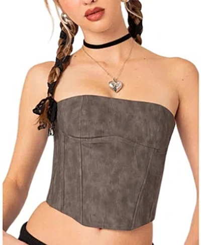 Edikted Christa Strapless Faux Leather Corset Crop Top In Gray