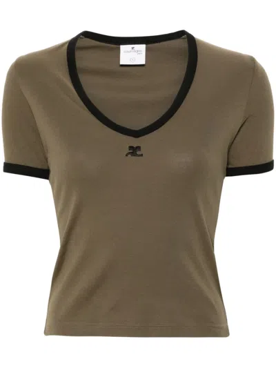 Courrèges Contrast V-neck Cotton T-shirt In Green