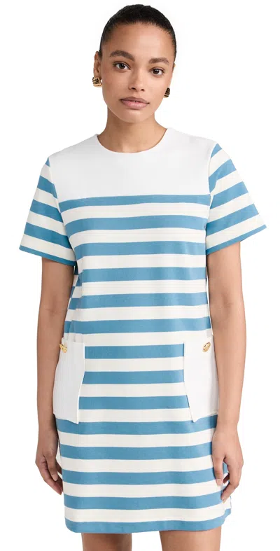 English Factory Striped Dress With Patch Pockets White/blue In Bright Blue