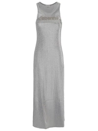 Paco Rabanne Logo Embellished Crewneck Sleeveless Dress In Silver