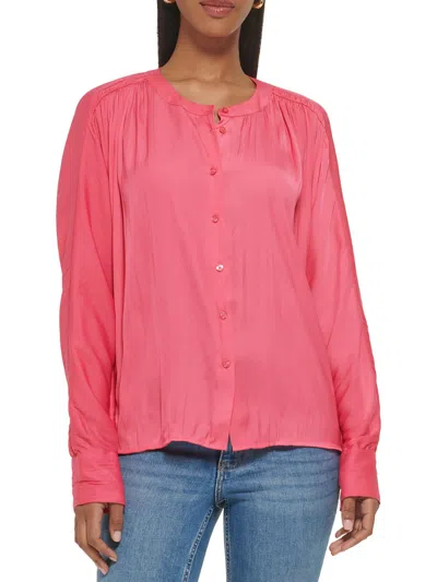 Calvin Klein Womens Pleated Banded Neck Button-down Top In Pink