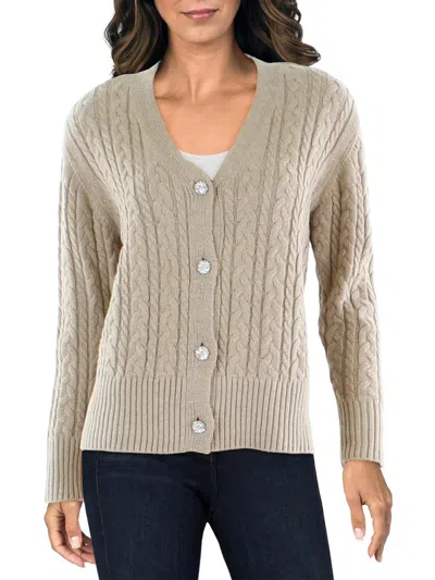 Anne Klein Womens Embellished Cable Knit Cardigan Sweater In Grey