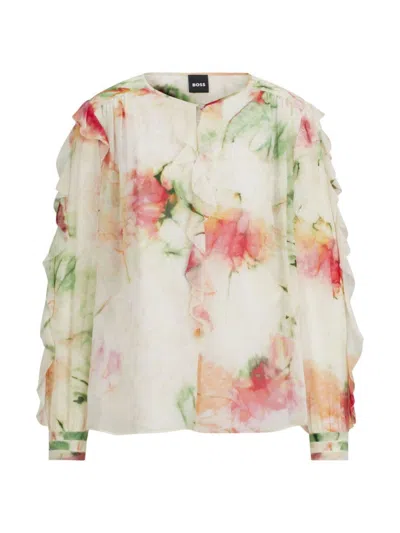 Hugo Boss Printed Blouse In Crinkle Crepe With Frilled Trim In Patterned