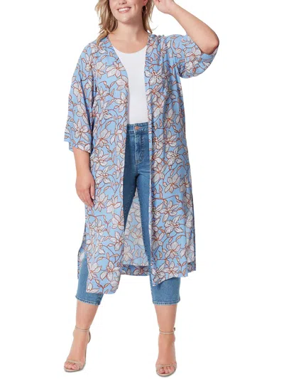Jessica Simpson Plus Blakeley Womens Printed Long Duster Sweater In Blue