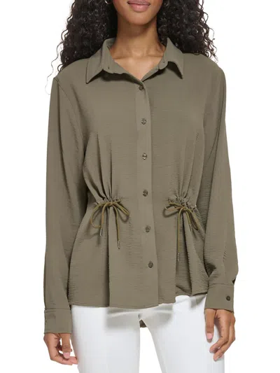Calvin Klein Womens Gathered Detail Collared Button-down Top In Green