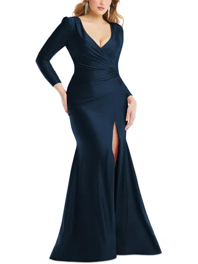 Cynthia & Sahar Womens Ruched Long Sleeves Evening Dress In Blue