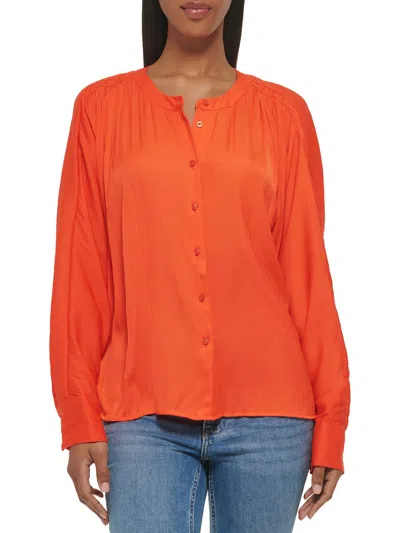 Calvin Klein Womens Pleated Banded Neck Button-down Top In Orange
