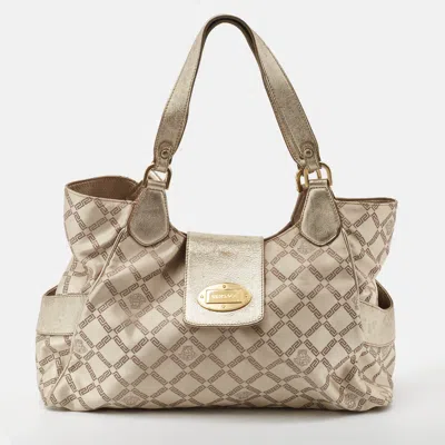 Versace Pale Gold/light Beige Signature Fabric And Leather Tote In Burgundy