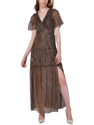 Black Tape Womens Metallic Tiered Evening Dress In Brown