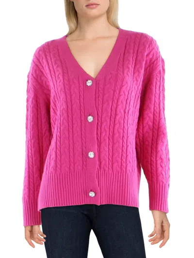 Anne Klein Womens Embellished Cable Knit Cardigan Sweater In Pink