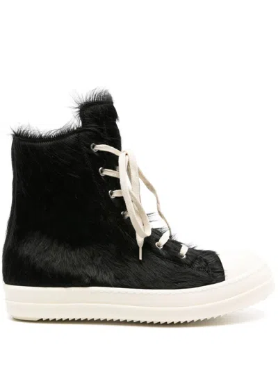 Rick Owens Leather High Top Trainers In Black
