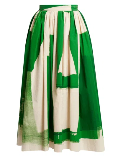 Erdem Pleated Cotton Faille Midi Skirt In White And Green
