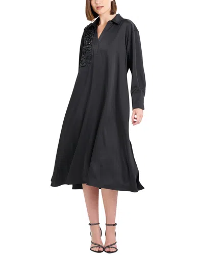 Natori Luxe Charmeuse Embroidered Oversized Shirtdress In Black