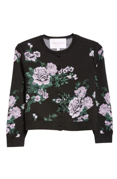 Carolina Herrera Floral Silk Knit Crewneck Crop Cardigan In Black Multi