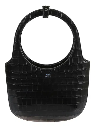 Courrèges Croco Embossed Handbag In Black
