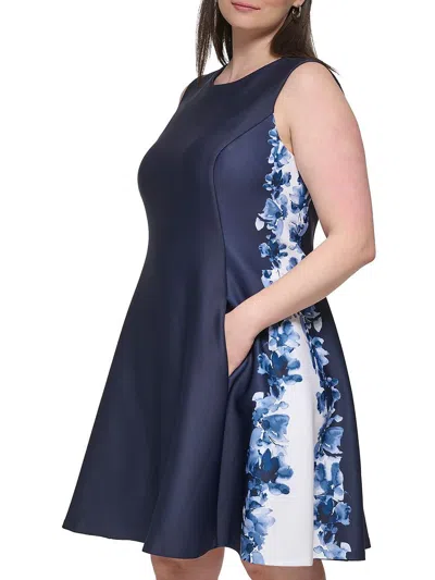 Dkny Plus Womens Side-panel Short Fit & Flare Dress In Blue