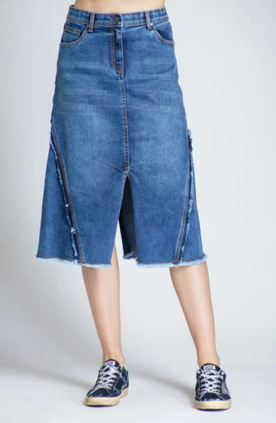 Apny Fray Hem A-line Denim Skirt In Medium Indigo