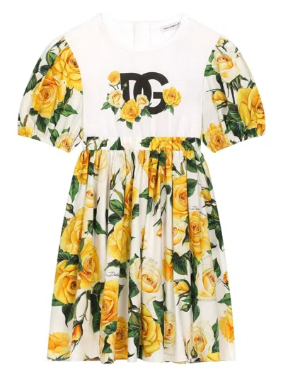 Dolce & Gabbana Kids' Rose-print Cotton Dress In Yellow