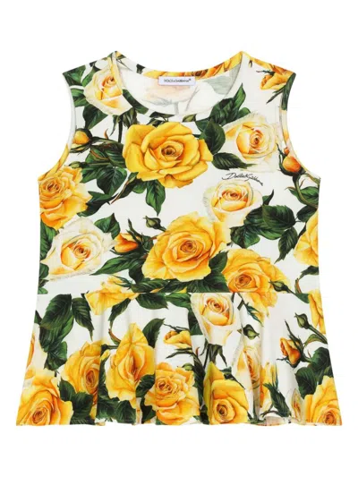 Dolce & Gabbana Kids' Rose-print Cotton Blouse In Yellow