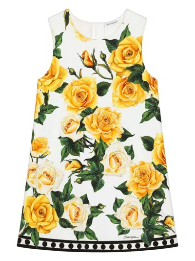 Dolce & Gabbana Kids' Rose-print Cotton Dress In Yellow