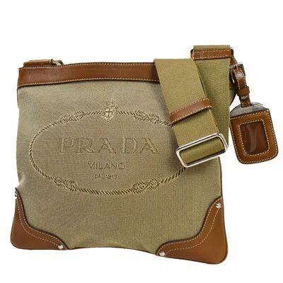 Prada Logo Jacquard Beige Canvas Shoulder Bag () In Brown