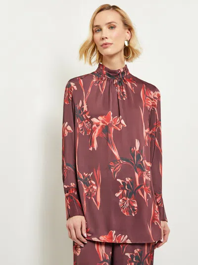 Misook Floral Gathered Mock Neck Crepe De Chine Blouse In Red
