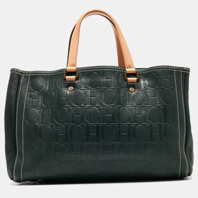 Ch Carolina Herrera Dark Monogram Leather Andy Shopper Tote In Green