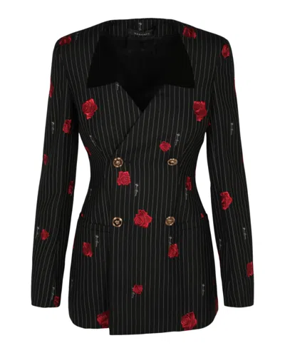 Versace Rose Print Striped Double Breasted Jacket In Black