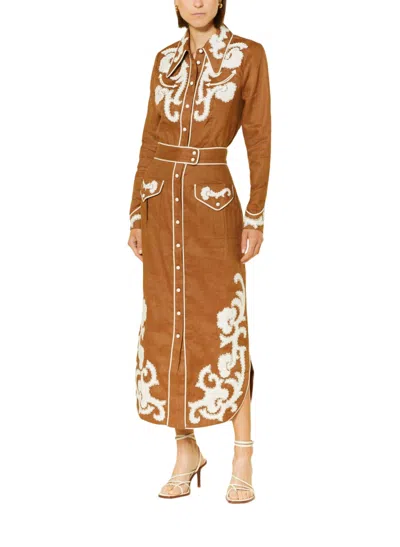 Beulahstyle Appliquéd Linen Western Shirt Set In Brown