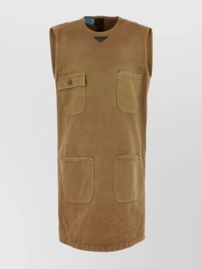 Prada Dress Mini Front Pockets Sleeveless V-neck In Camel