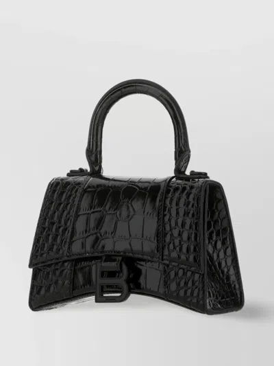 Balenciaga Hourglass Xs Crocodile Effect Top Handle Handbag In Black