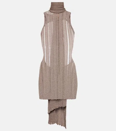 Aya Muse Ribbed-knit Lamé Minidress In Beige