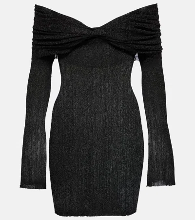 Aya Muse Off-shoulder Ribbed-knit Lamé Minidress In Black